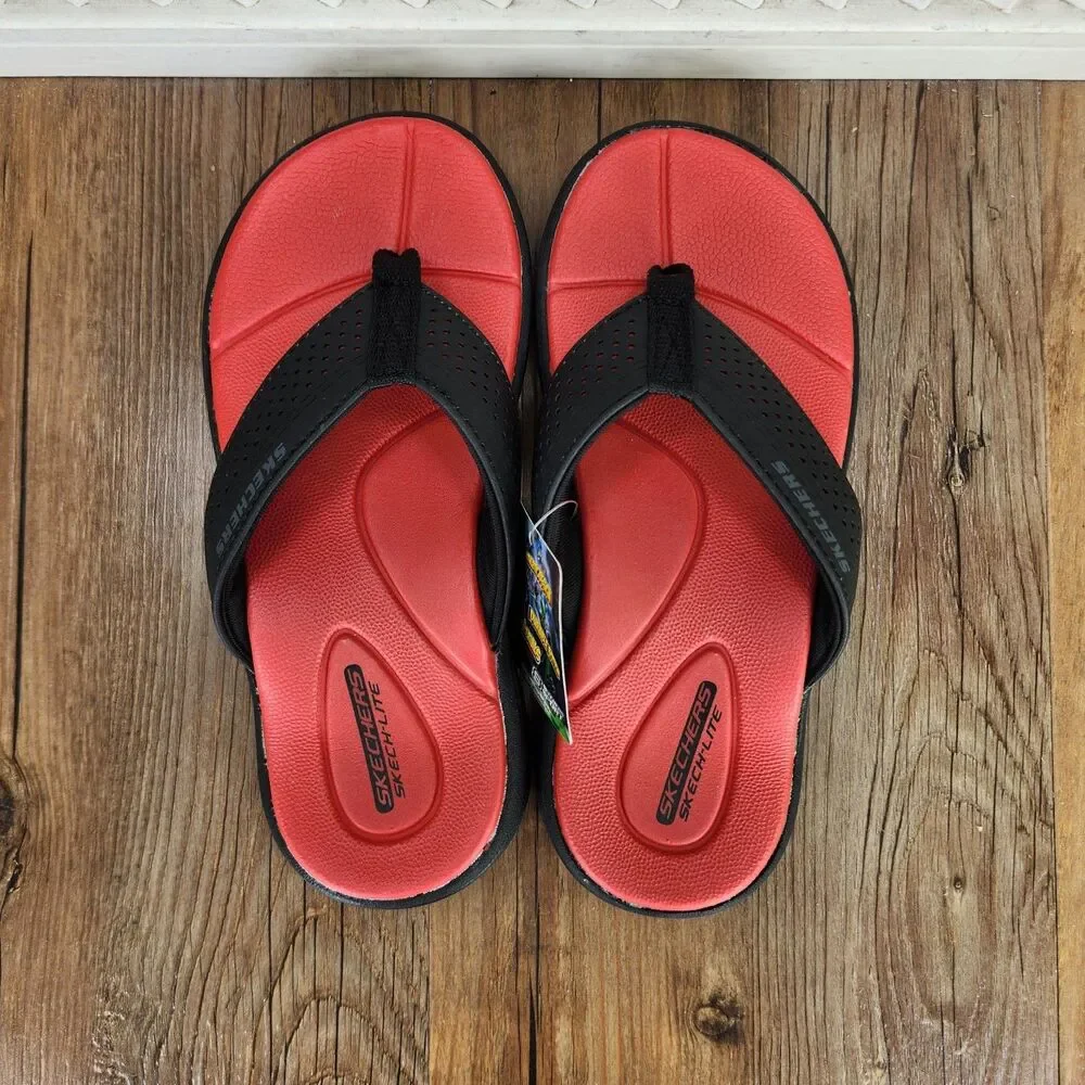 Skechers Sport Supreme Pool Days Flip Flops Boys Size 13 Black Red Beach Sandals